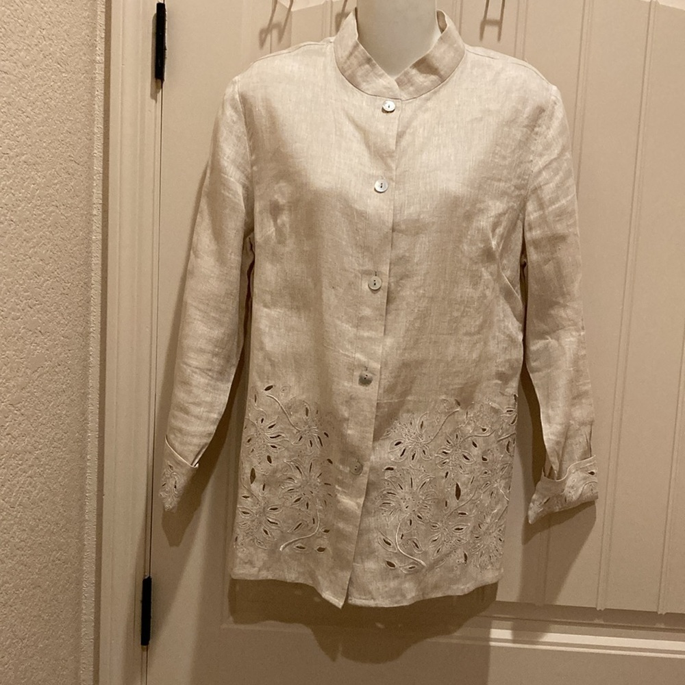 Irish Linen Women’s Size S Shirt Jacket Katherine Kelly Button Up Cutout Accents